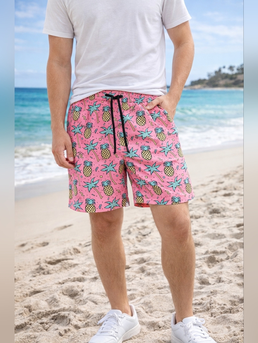 Men’s Pink Pineapple Swim Trunks Size Large Elastic Waist Drawstring Beach Short